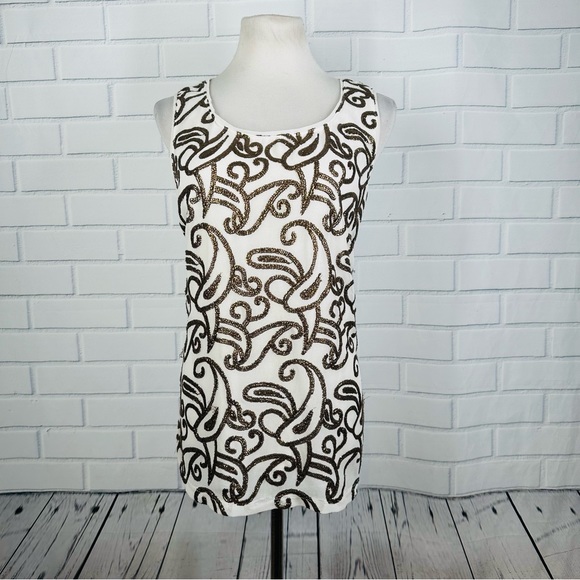 10/$25🦋 Chicos Cream & Gold Sequin Paisley Tank - Size 3 (Large) - Picture 1 of 14